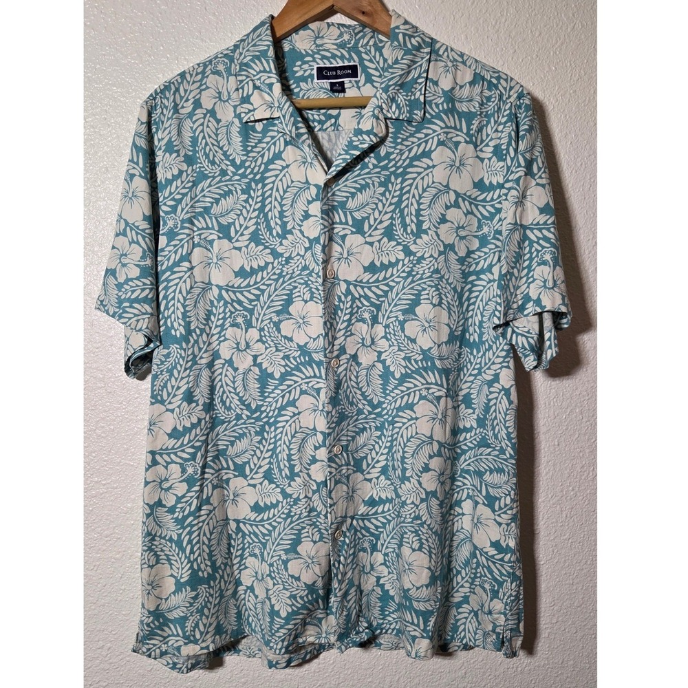 Club Room Silk Rayon Hawaiian Camp Shirt Men's Large Blue Floral Tropical
